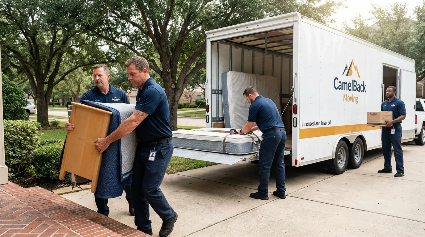 Crew loading residential truck for cross-state move from Caddo, OK