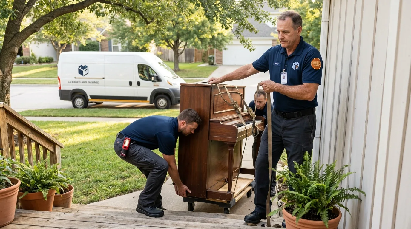 Licensed piano movers securing grand piano in Caddo, OK