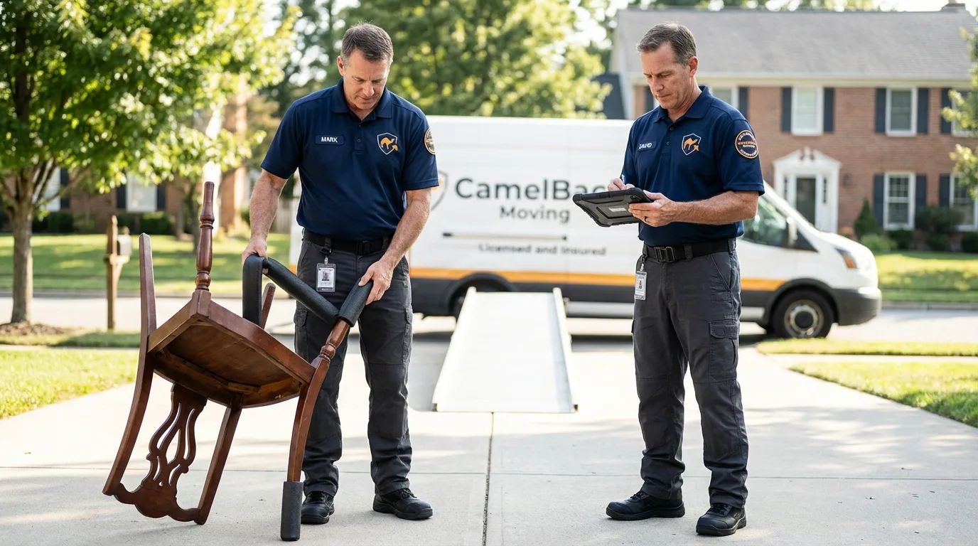 Movers inspecting furniture for damage prevention before loading in Caddo, OK
